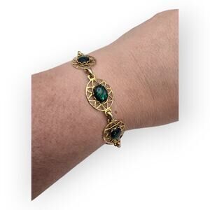 Victorian Revival Filigree Bracelet Emerald Green Cabochons Renaissance Romance